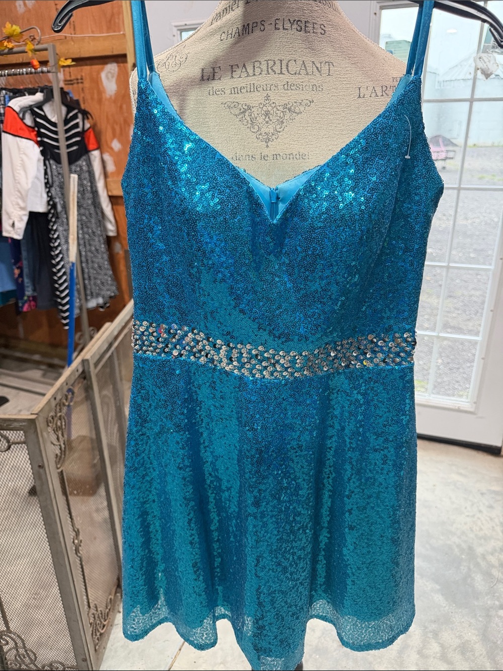 Grace Karin Teal Sequin Mini Dress with Rhinestone Waist